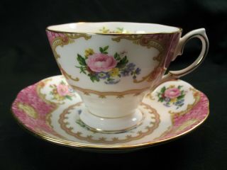 Royal Albert Lady Carlyle Pink Trim Floral Footed Teacup And Saucer England Evc
