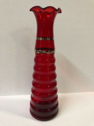Vtg.  Ruby Red/silver 6 1/2 " Tall Glass Vase - Rimmed Wave Edge
