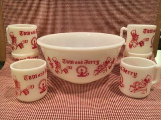 Vintage Hazel Atlas Tom & Jerry Milk Glass Punch Bowl,  6 Eggnog Mugs Cups Set