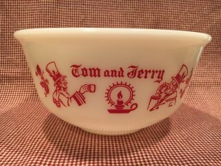 Vintage HAZEL ATLAS Tom & Jerry Milk Glass Punch Bowl,  6 Eggnog Mugs Cups Set 2