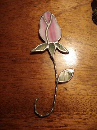 Vintage Stained Glass " Rose Bud " Pink Leaded Glass