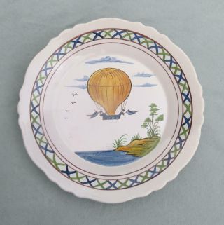 Vintage French Faience Hand Painted Hot Air Balloon Plate