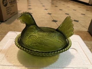 Vintage Indiana Glass Green Chicken Hen On Nest Covered Candy Dish