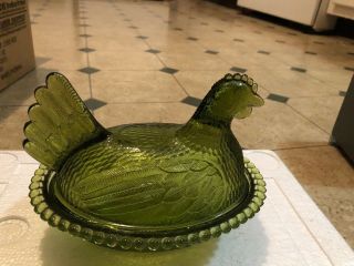 Vintage Indiana Glass Green Chicken Hen on Nest Covered Candy Dish 3
