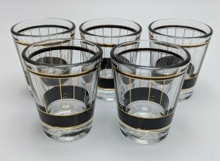 Set Of 5 Culver Mid Century Black And Gold Shot Glasses