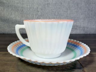 Milk Glass Teacup And Saucer,  Pink And Blue Milkglass