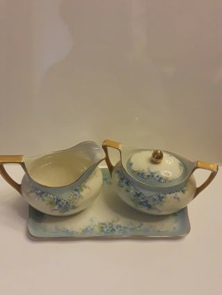 Vintage R.  S.  Germany Porcelain Blue Hand Painted Creamer,  Sugar Bowl & Platter