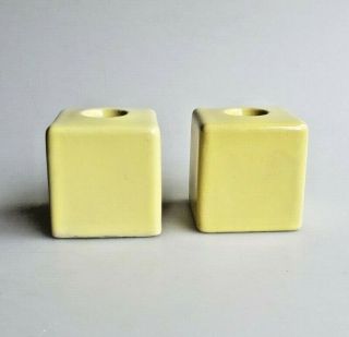 Yellow Beauceware Canada Pottery Cube Candle Holders Pair Mid Century