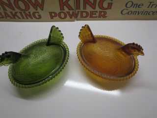 Pair Vintage Amber / Green Nesting Glass Chicken Hen Nest Covered Candy Dishes