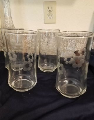 Vintage Set Of 4 Libbey Etched Flowers 12 Oz Glasses