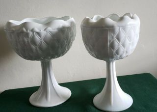 2 Vintage White Milk Glass Pedestal Compote Bowl.