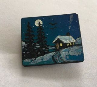 Hand Painted Art Glass Brooch Pin Winter Snow Scene Cobalt Blue Night Woods