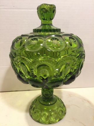 Vintage Glass Green Covered Candy Dish Compote Depression Glass