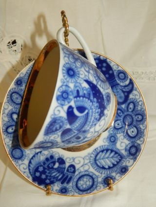 Vtg Russian Lomonosov Imperial Porcelain Cobalt Blue Flowers & Birds Cup And Sau