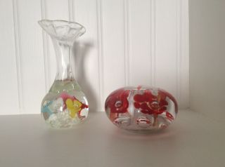 Vintage St.  Clair Multi Color Vase & Red Paperweight Bubble Glass Paperweight
