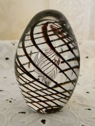 Vintage Art Glass Egg Shaped Paperweight Black Swirls Controlled Bubbles