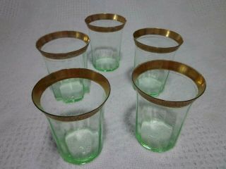 5 Vintage Depression Vaseline Green Glass Tumblers With Gold Trim