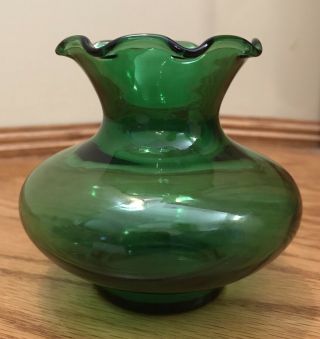 Vintage Forest Green Anchor Hocking 3 1/2” Flower Vase Art Glass Mcm