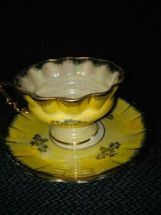 Vintage Fan Crest Hand Painted Yellow Tea Cup & Saucer,  Fine China Made In Japan
