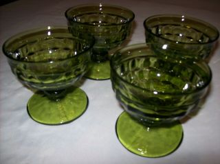 Set Of 4 Indiana Whitehall Colony Cubist Green Glass Footed Dessert Fruit Dishes