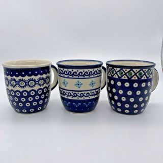 Set Of 3 Boleslawiec Polish Pottery Mugs For Coffee/tea/hot Cocoa 8 Ozs