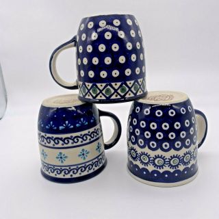 Set Of 3 Boleslawiec Polish Pottery Mugs For Coffee/tea/hot Cocoa 8 ozs 2