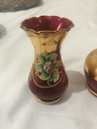 2 Vintage Bohemian Czech Style Ruby Red Glass Bud Vases W/gold Gild