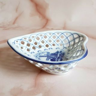 Royal Twickel Delftware Handpainted Pierced Heart Spade Trinket Dish Windmill 3