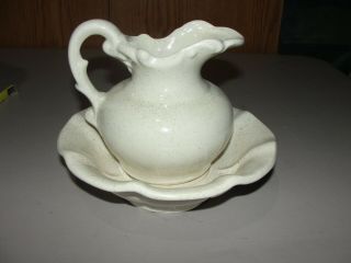Vintage Mccoy Water Pitcher And Wash Bowl Set,  Pottery,  White,  Speckled,  7516 Usa