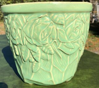 Vintage Mccoy Pottery Green Roses Flowers Leaves Planter Jardiniere Marked