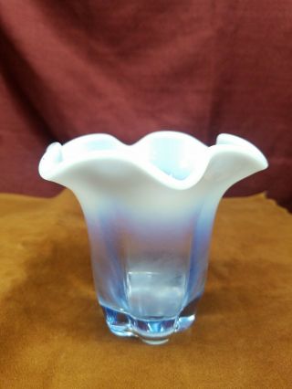 Duncan Miller Canterbury 4 In Vase Blue Opalescent Glass Crimped