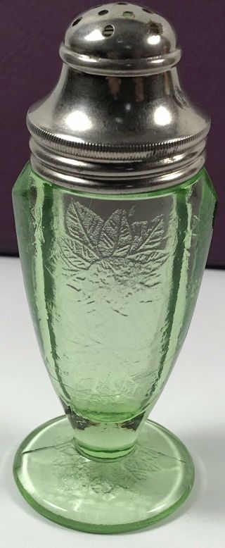 Vintage Green Uranium Depression Glass Floral,  Poinsettia Footed Shaker