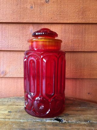 L.  E.  Smith Glass Amberina Red Moon & Stars Large Glass Canister
