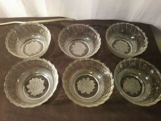 Set Of 6 Glass Dessert Fruit Bowls With Etched Flower Scalloped Rim 5 " Diameter