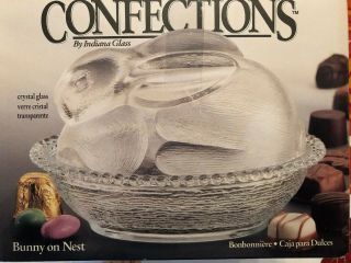 Vintage Nib Indiana Glass Bunny Rabbit On Nest Covered Candy Dish Clear Glass