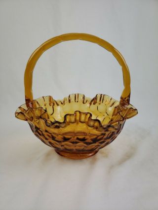 Vintage Amber Glass Candy Dish Basket Ruffled Thumbprint