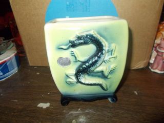 Vintage Royal Copley Art Pottery Asian Dragon Vase Green Black W/label