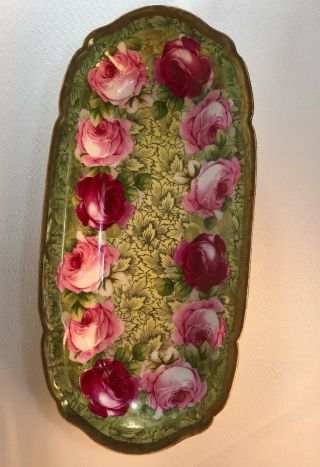 Antique O&eg Royal Austria Hand Painted Floral Celery Dish Pink Green Gold