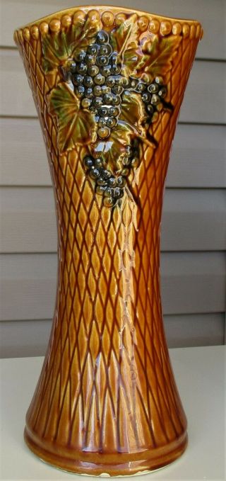Large 14 " Vase Vintage Mccoy,  Grape Theme,  Diamond Pattern Hobnail Rim