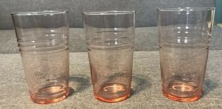 Pink Depression Glass Set Of 3 Ribbed Drinking Glasses,  Tumblers 4.  75” Tall
