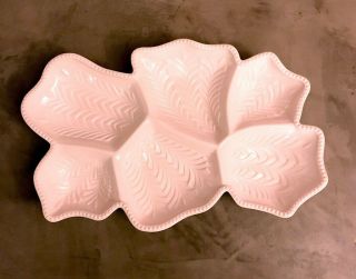 Mid Century Modern Vintage Shell Pink Milk Glass Divided Snack Dish.