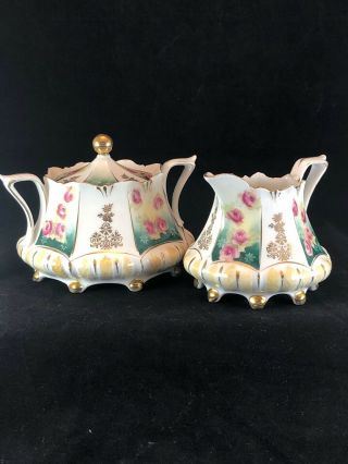 R S Prussia Sugar & Creamer Set “red” Mark Pink & Green Floral Hand Painted