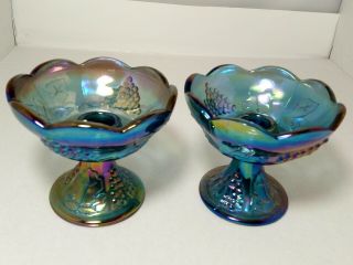 Vintage Blue Carnival Glass Candle Stick Holders HARVEST GRAPE Indiana 2 3