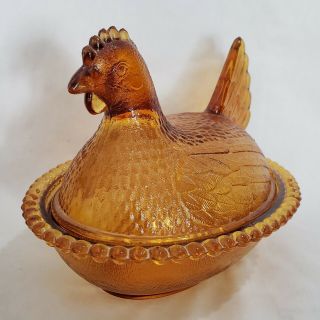 Vintage Indiana Carnival Brown Amber Glass Hen On A Nest Covered Candy Dish Bowl