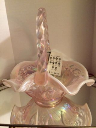 Fenton Pink Opalescent Lily Of The Valley Basket Iridescent
