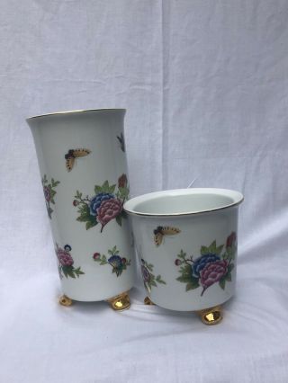 Antique Hand Painted Porcelain Vase Roses Gold Legs
