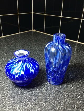 (2) Small Hand Blown Glass Art Blue White Swirl Vases