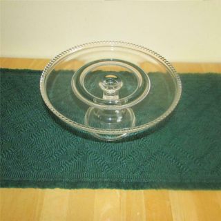 Vintage 11 " Clear Pressed Glass Footed Cake Stand Plate Pedestal Beaded Rim