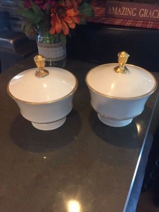 Set Of 2 Vintage Lenox China Eternal Mansfield Candy Dishes With Lids Gold Trim