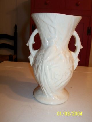 Vintage McCOY Pottery White Peacock Bird of Paradise Double Handles Vase EUC 3